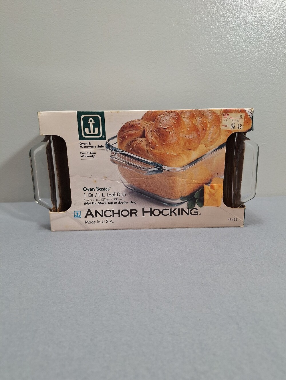 NOS  Vintage 90s Anchor Hocking 9x5 Inch 1 QT Glass Bread Pan In Box USA